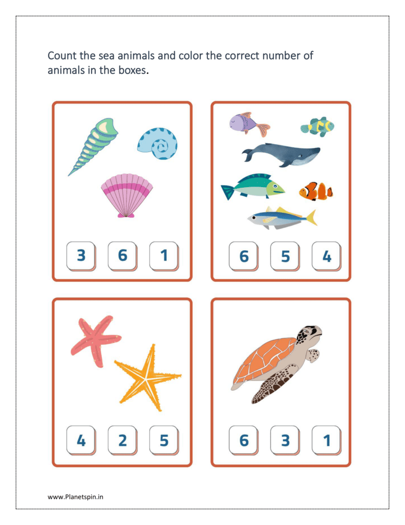 Sea animals: Count the sea animals and color the correct number of the boxes.