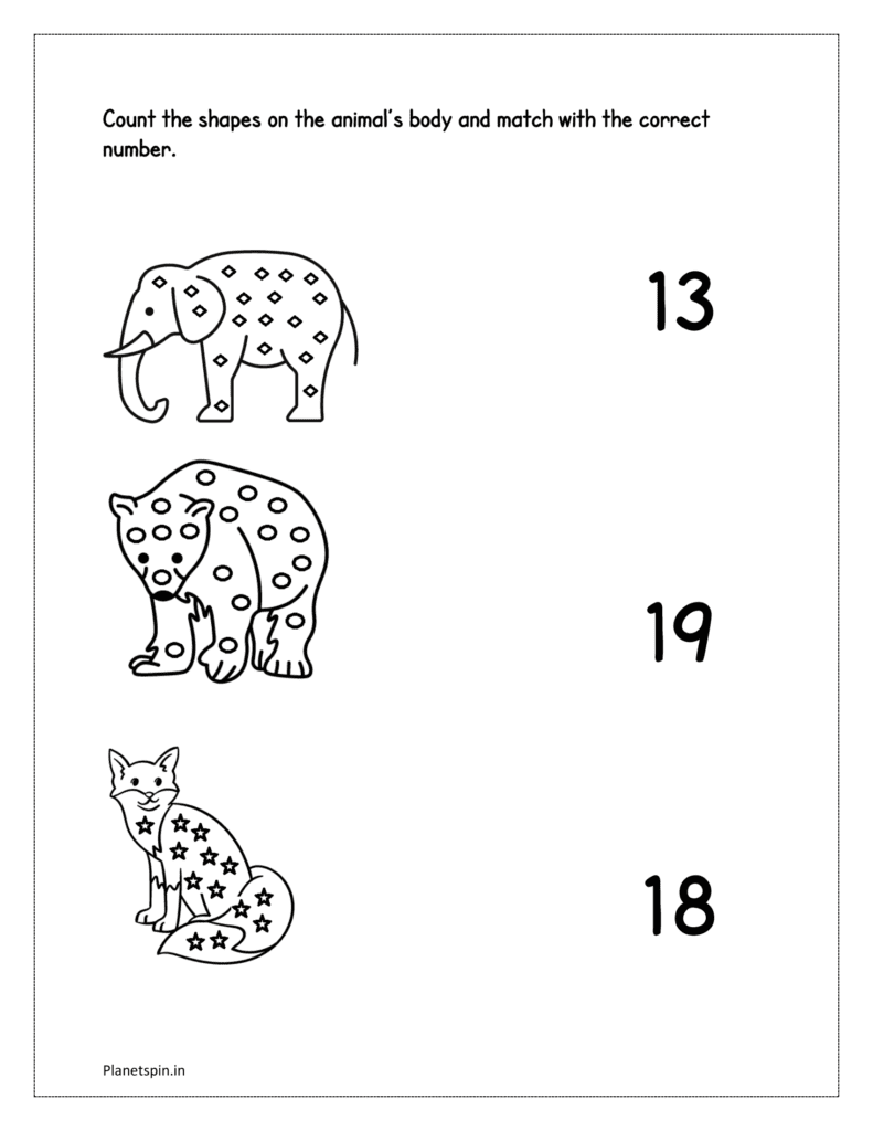 Shapes: Count the shapes on the animal’s body and match with the correct number