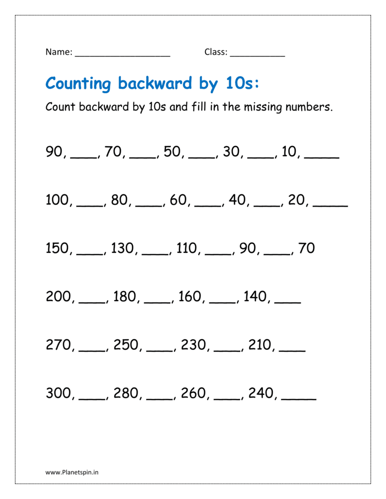 Count backward by 10s and fill in the missing numbers.