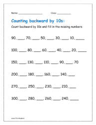 Count backward by 10s and fill in the missing numbers.