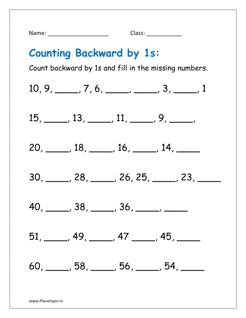 Count backward by 1s and fill in the missing numbers worksheets for grade 1.