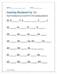 Count backward by 1s and fill in the missing numbers worksheets for grade 1.