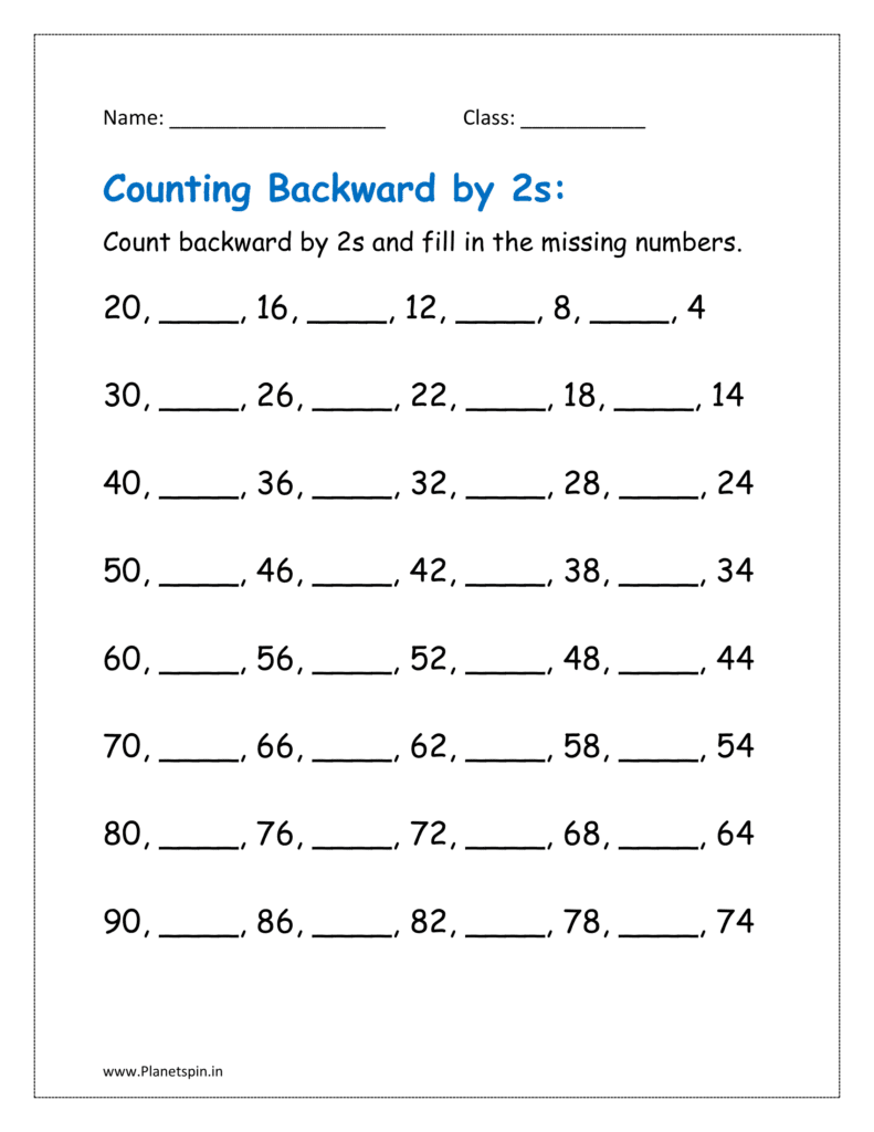 Counting backwards by 2s and fill in the missing numbers worksheets for grade 1.