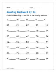 Counting backwards by 2s and fill in the missing numbers worksheets for grade 1.