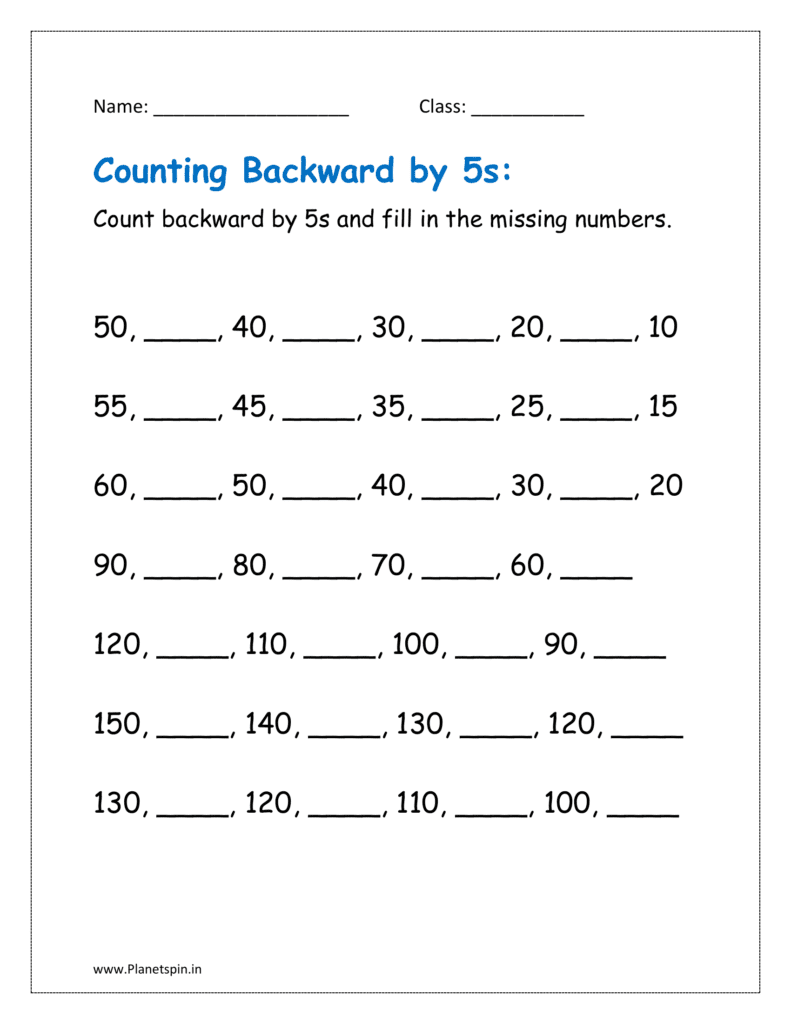 Counting backwards by 5s and fill in the missing numbers.