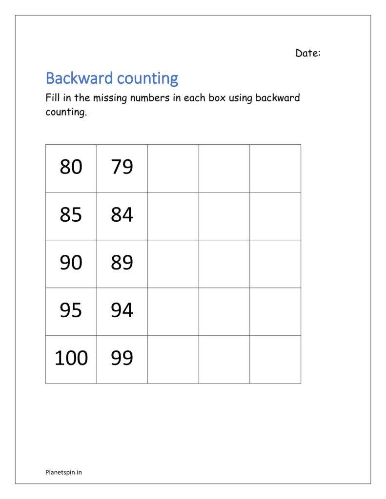 100 to 76: Fill in the missing numbers in each box using backward counting