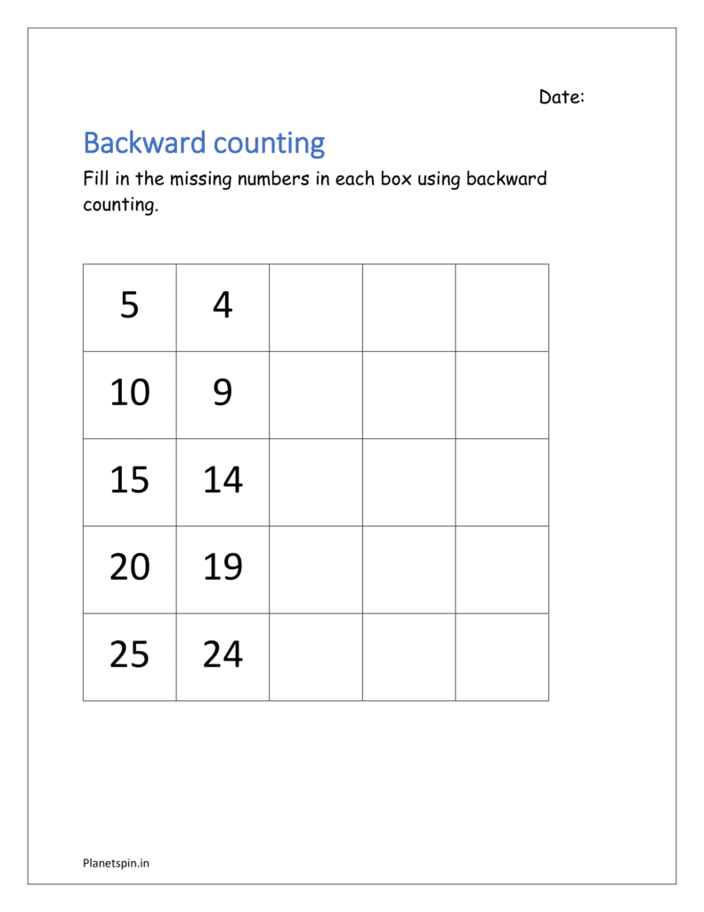 25 to 1: Fill in the missing numbers in each box using backward counting 