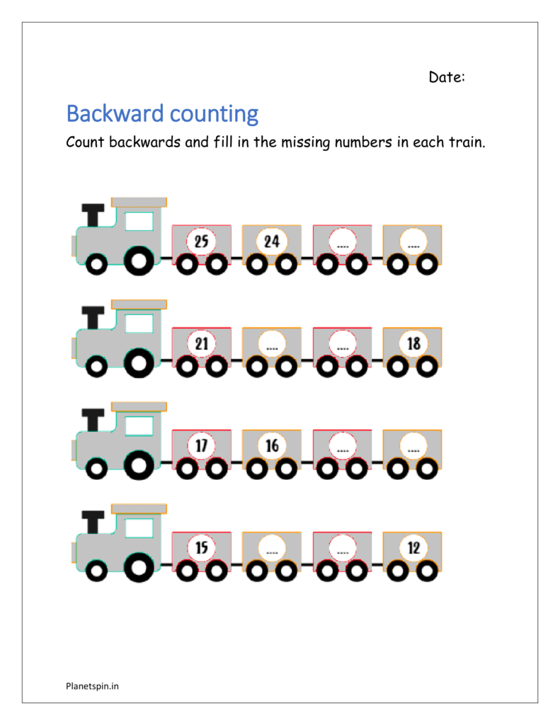 Count backwards and fill in the missing numbers in each train