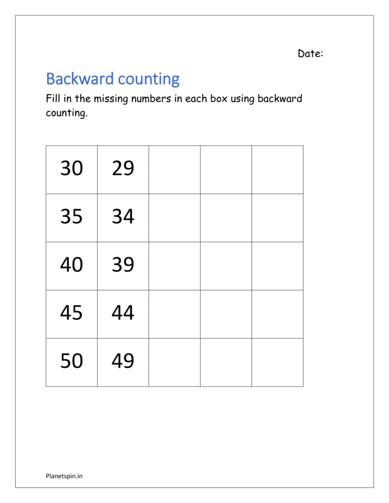 Backward counting worksheet for kindergarten | Planetspin.in