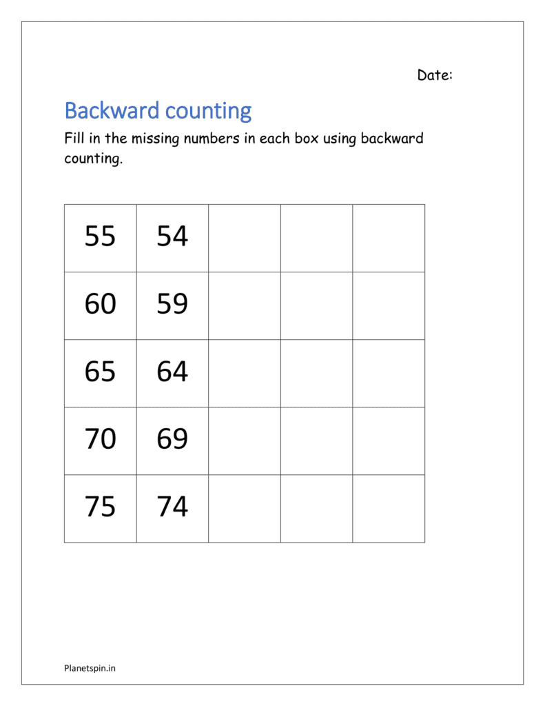 75 to 51: Fill in the missing numbers in each box using backward counting 