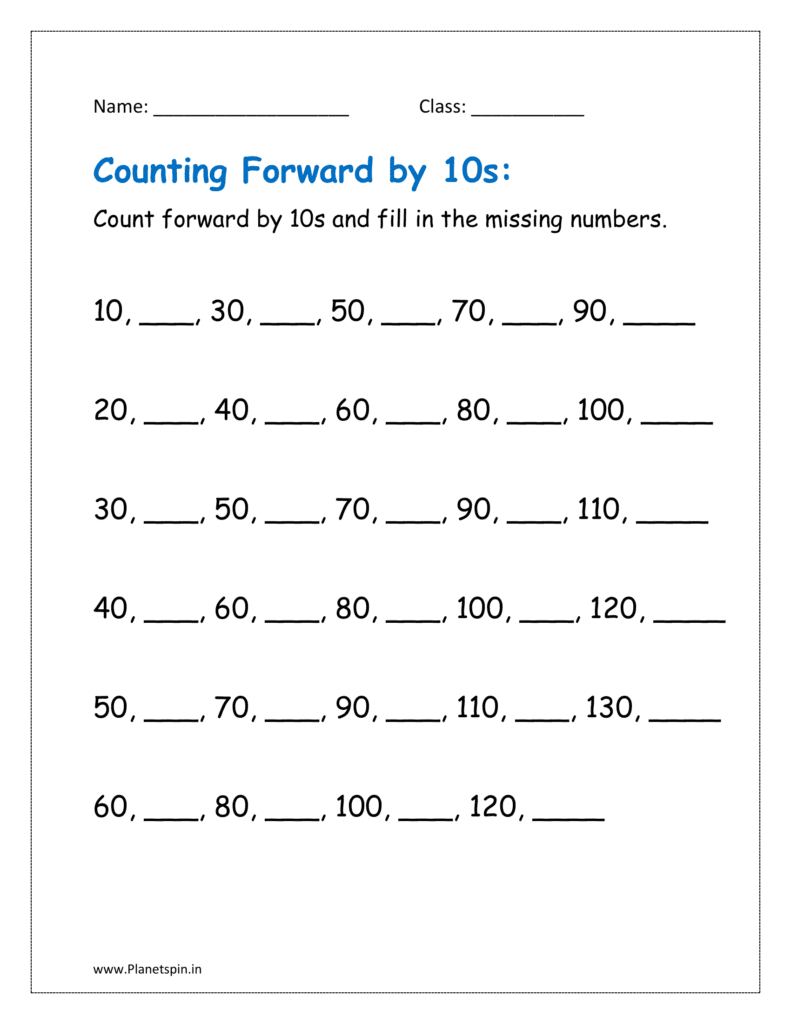 Count forward by 10s and fill in the missing numbers.