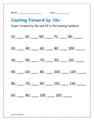 Count forward by 10s and fill in the missing numbers.