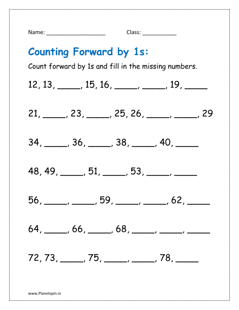 Counting forward by 1s and fill in the missing numbers in worksheets.