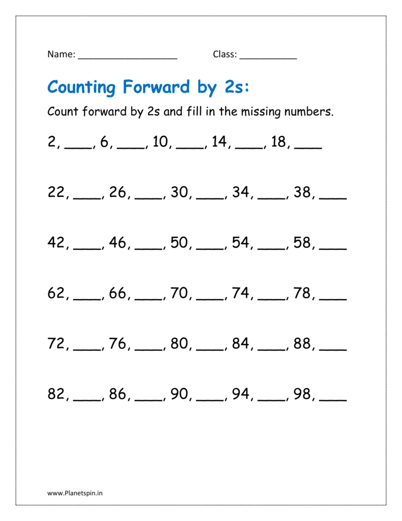 Counting forward by 2s and fill in the missing numbers for grade 1.