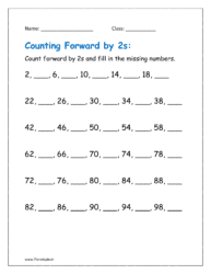 Counting forward by 2s and fill in the missing numbers for grade 1.