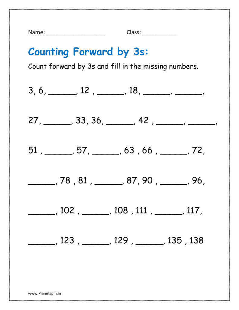 Counting forward by 3s and fill in the missing numbers in worksheets.