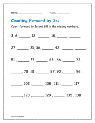 Counting forward by 3s and fill in the missing numbers in worksheets.