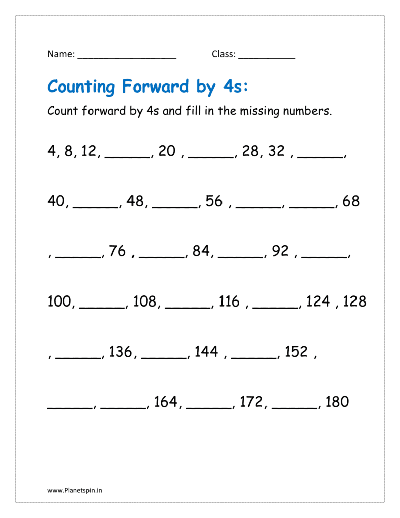 Counting forward by 4s and fill in the missing numbers in worksheets.