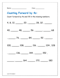 Counting forward by 4s and fill in the missing numbers in worksheets.