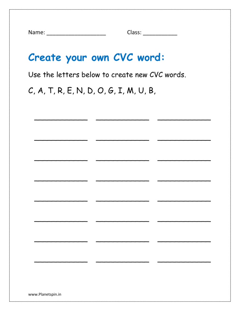 Use the letters below to create new CVC words  in the free kindergarten worksheets pdf