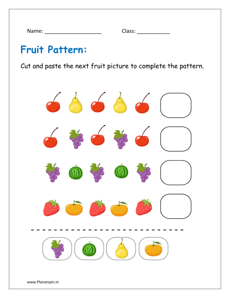 Cut and paste the next fruit picture to complete the shape pattern in the given worksheet for class 1.