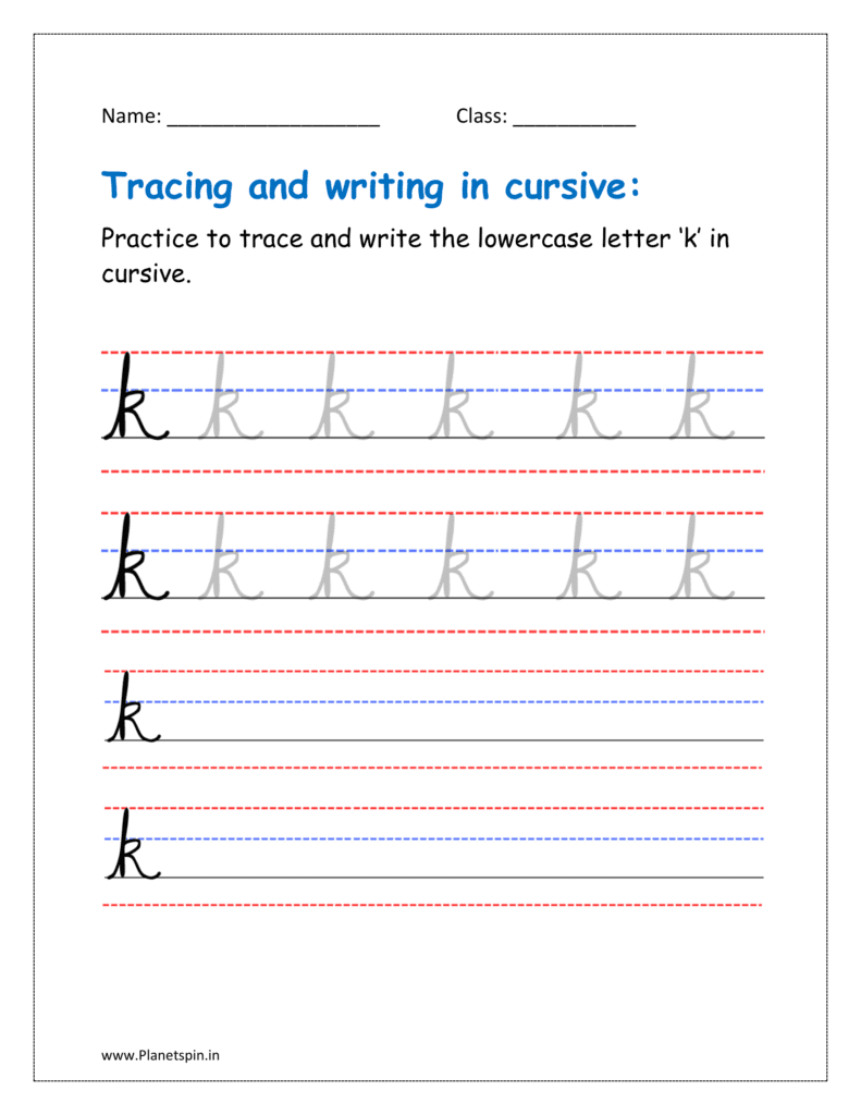 Free printable cursive letter k worksheet