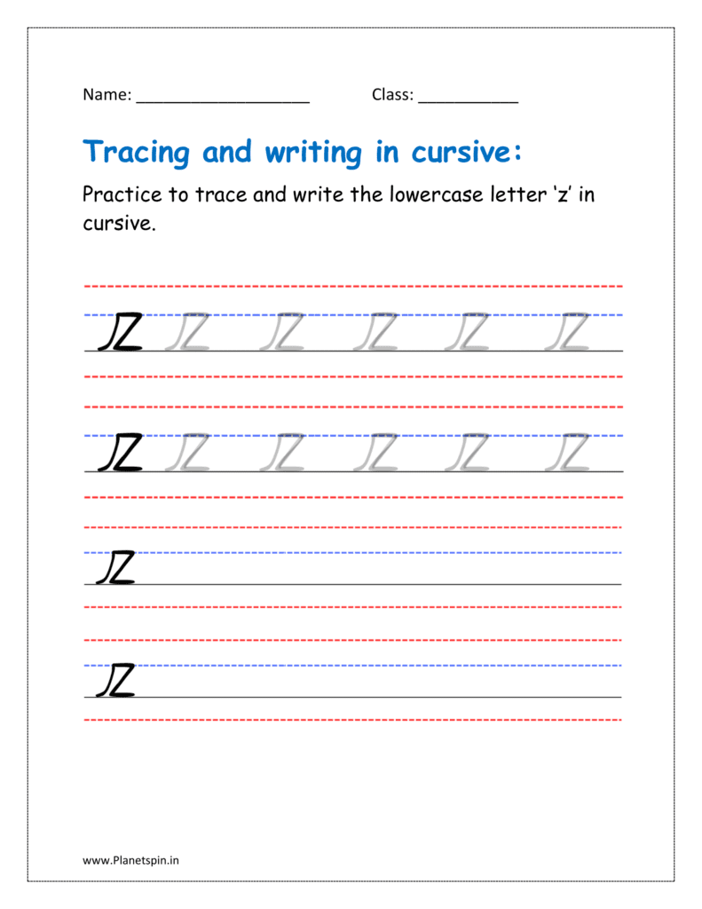 free printable cursive z lowercase worksheet