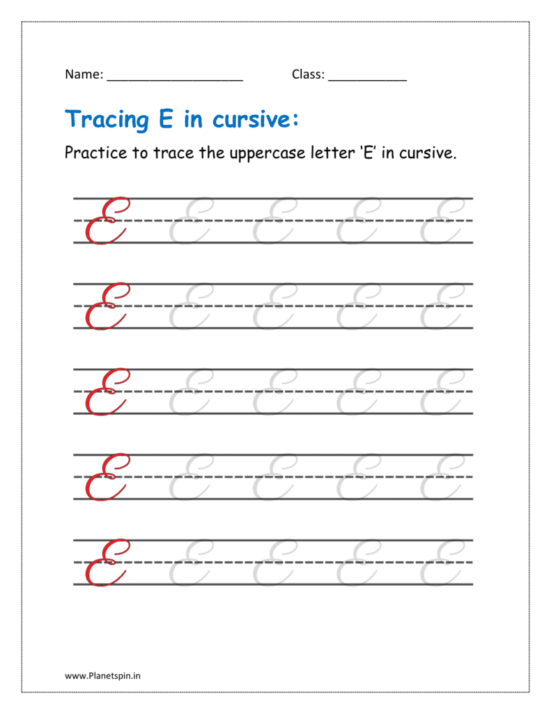 4. Trace uppercase letter E in cursive writing n free printable worksheet