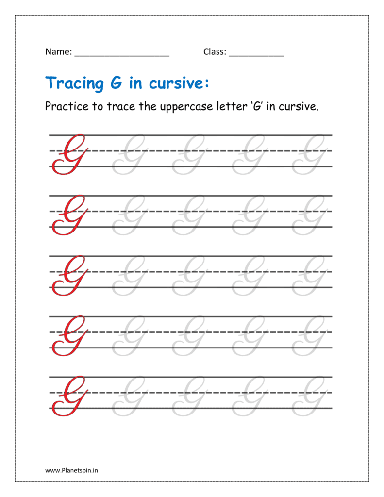 4. Trace uppercase letter G in cursive writing in free printable worksheet pdf