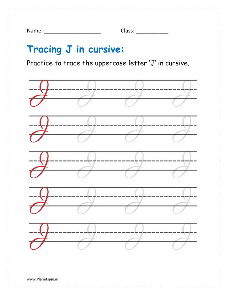 4. Trace uppercase letter J in cursive writing in free printable worksheet pdf