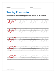 4. Trace uppercase letter K in cursive writing in free printable worksheet pdf