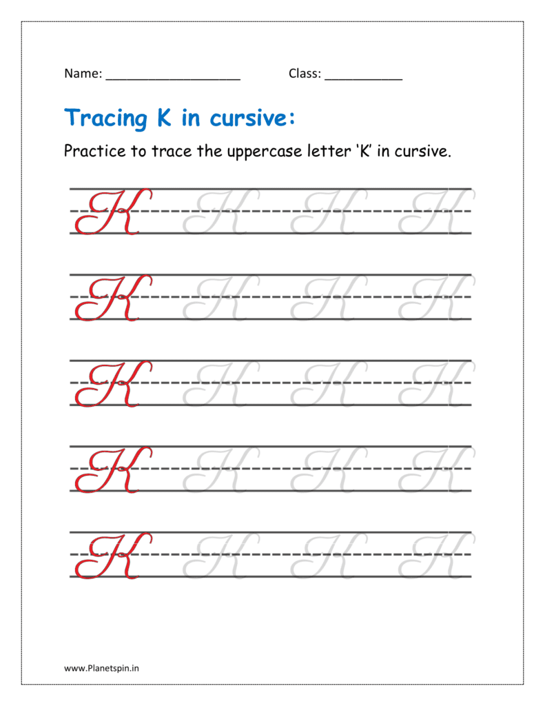 4. Trace uppercase letter K in cursive writing in free printable worksheet pdf