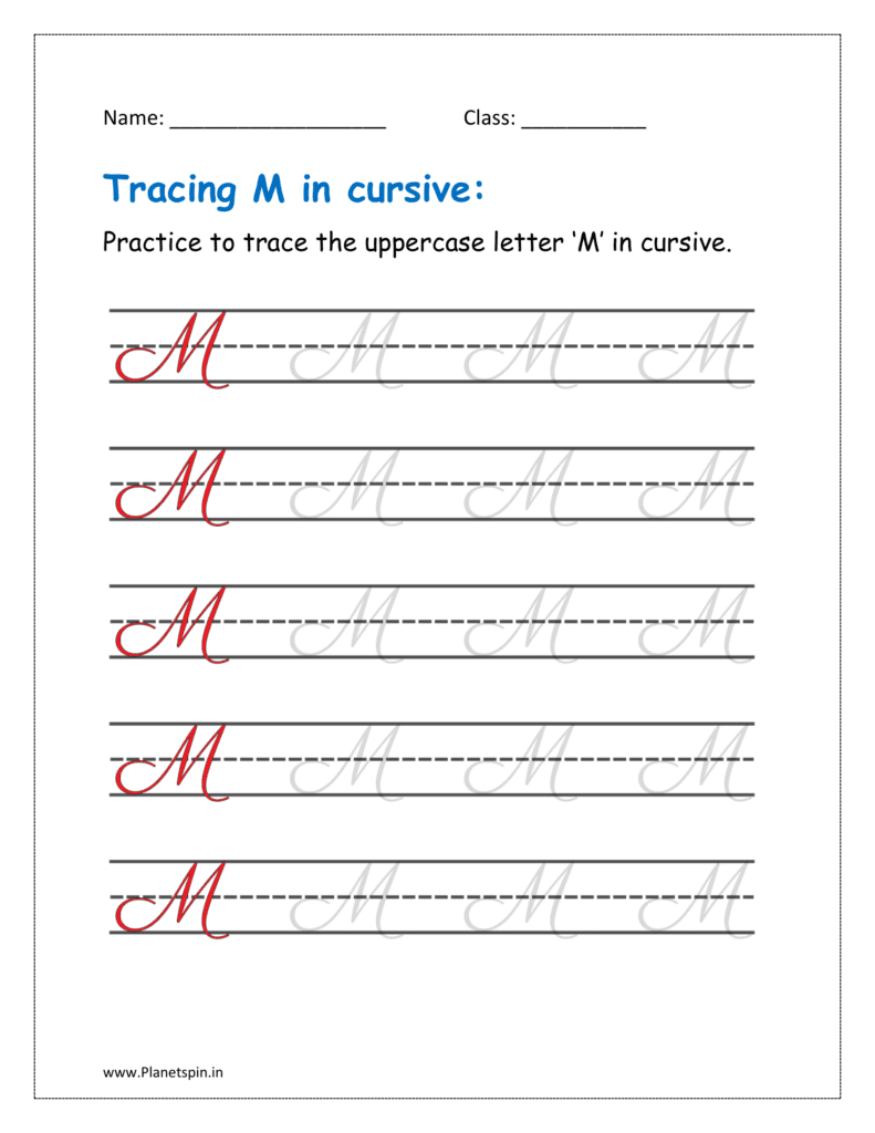 4. Trace uppercase letter M in cursive writing