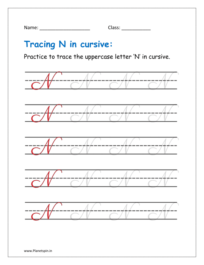 4. Trace uppercase letter N in cursive writing