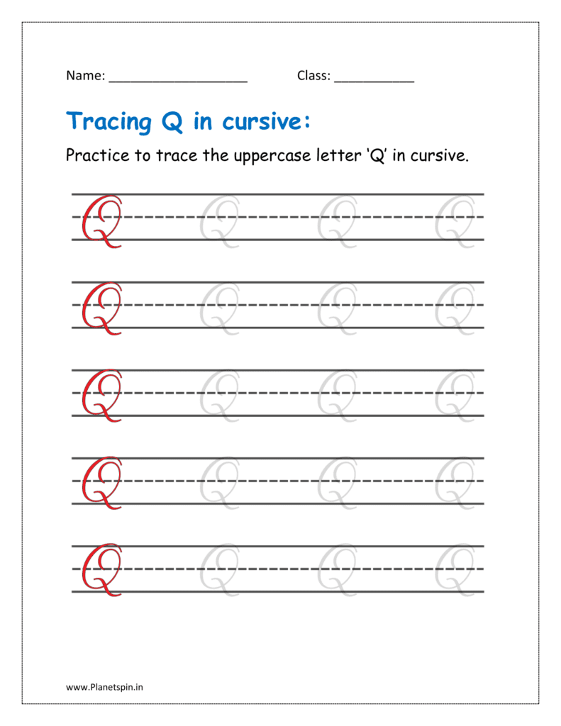 4. Trace uppercase letter Q in cursive writing in free printable worksheet pdf