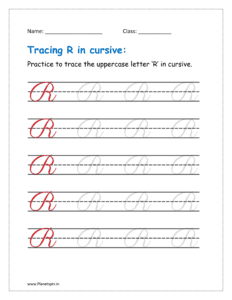 4. Trace uppercase letter R in cursive writing  in free printable worksheet pdf