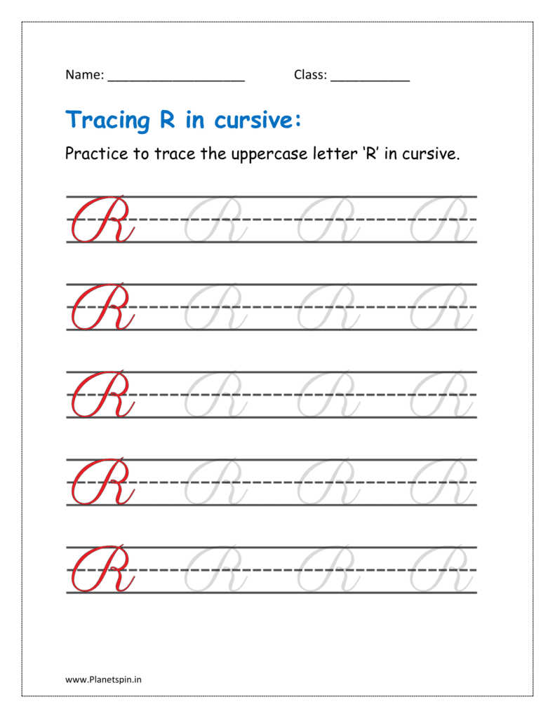 4. Trace uppercase letter R in cursive writing  in free printable worksheet pdf