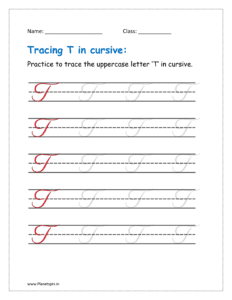 4. Trace uppercase letter T in cursive writing in free printable worksheet pdf