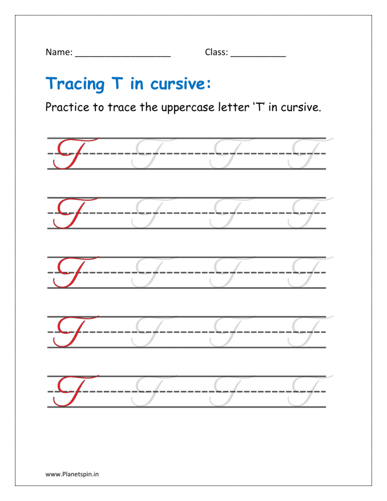 4. Trace uppercase letter T in cursive writing in free printable worksheet pdf