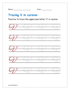 4. Trace uppercase letter V in cursive writing in free worksheet pdf