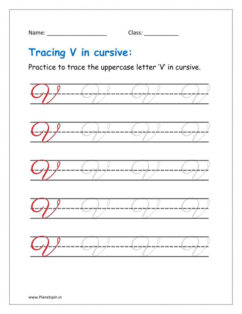 4. Trace uppercase letter V in cursive writing in free worksheet pdf