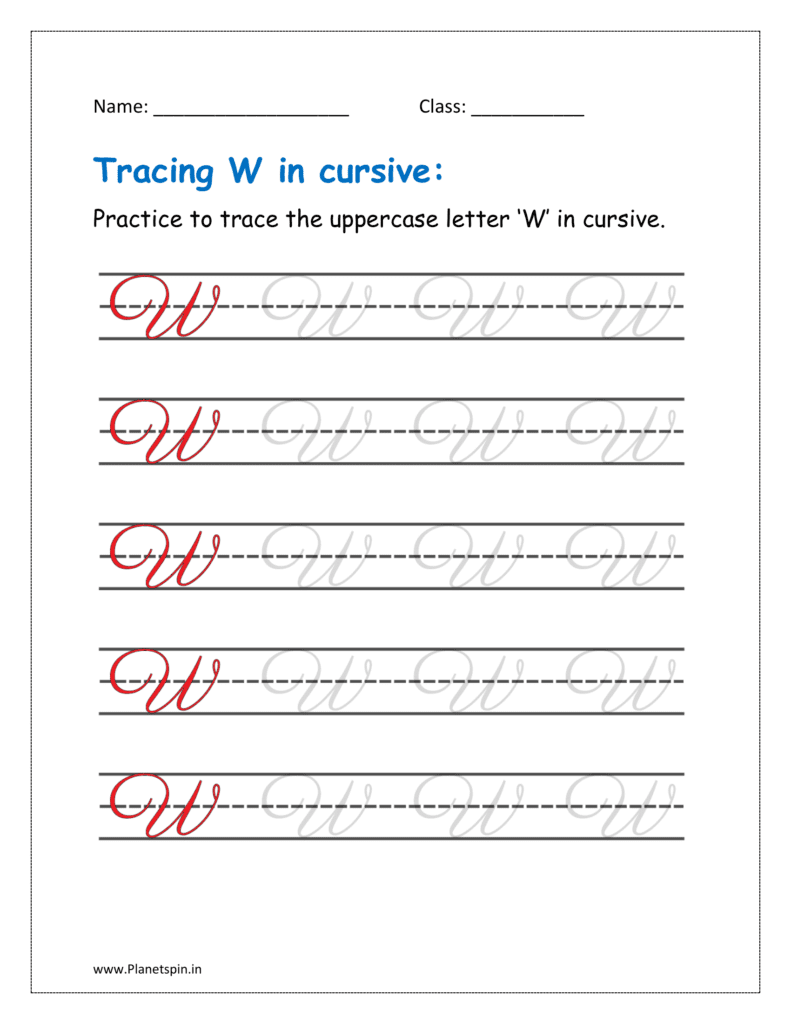 4. Trace uppercase letter W in cursive writing in free printable worksheet pdf