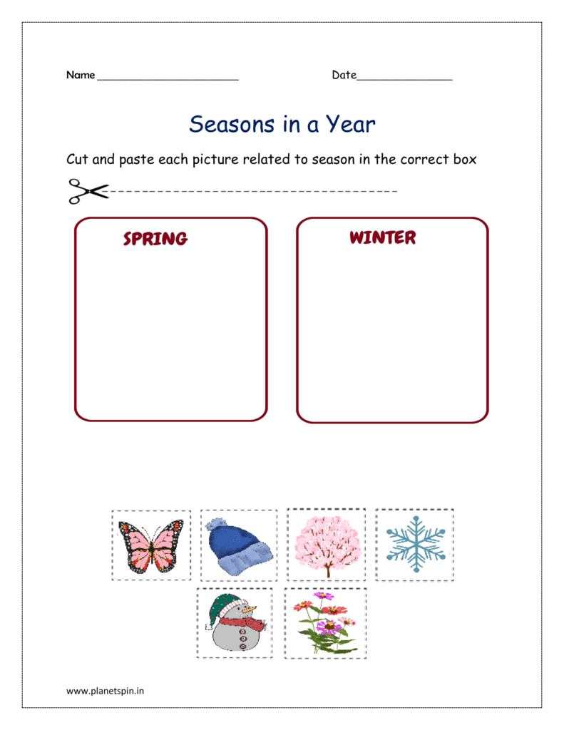 Spring and Winter season: Cut and paste each picture related to season in the correct box in the kindergarten worksheet