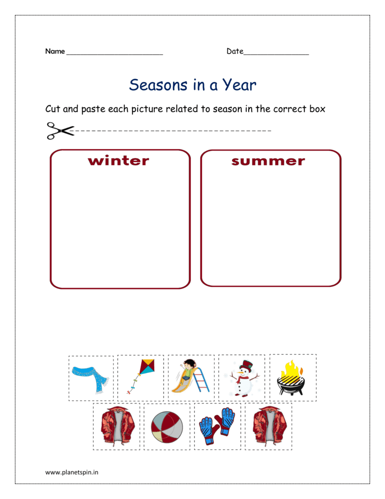 Winter and summer: Cut and paste each picture related to season in the correct box.