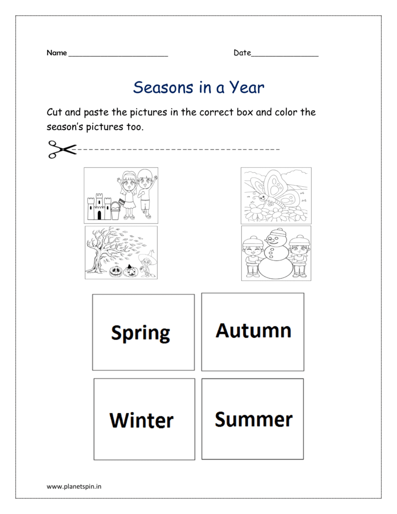 Cut and paste the pictures in the correct box and color the season’s pictures too