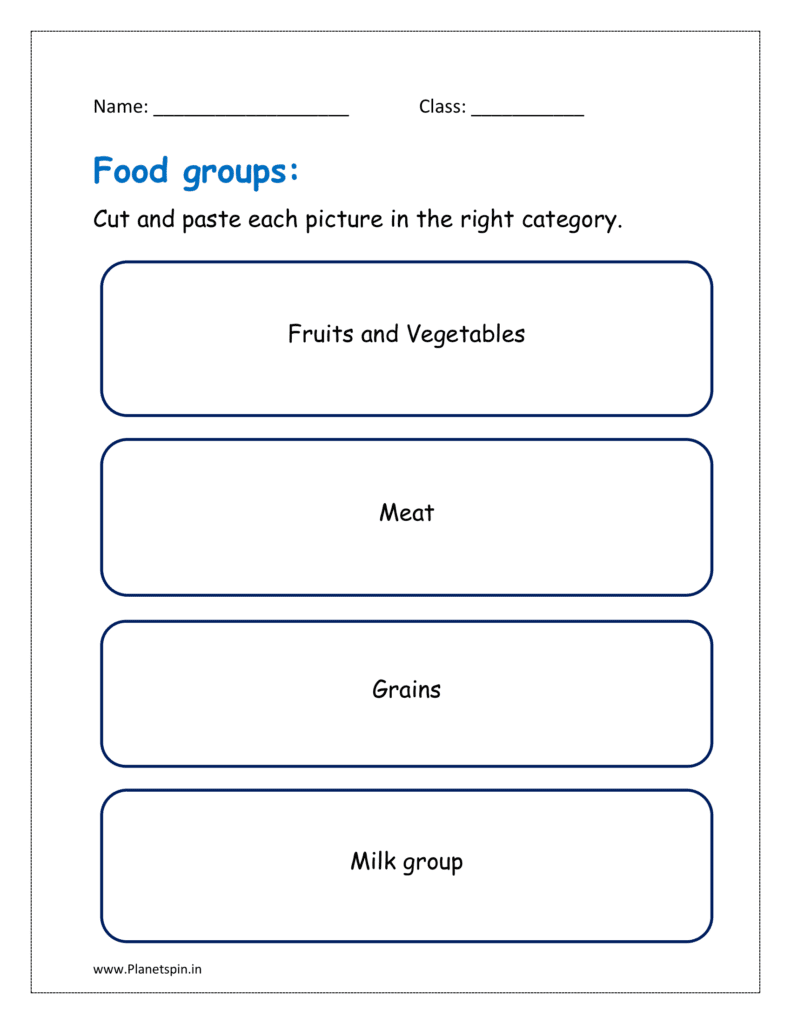 Cut and paste each picture in the right category in the given class 1 food worksheet