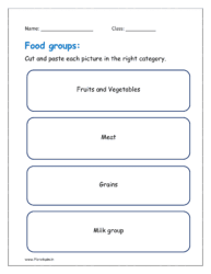 Cut and paste each picture in the right category (worksheet on food groups)