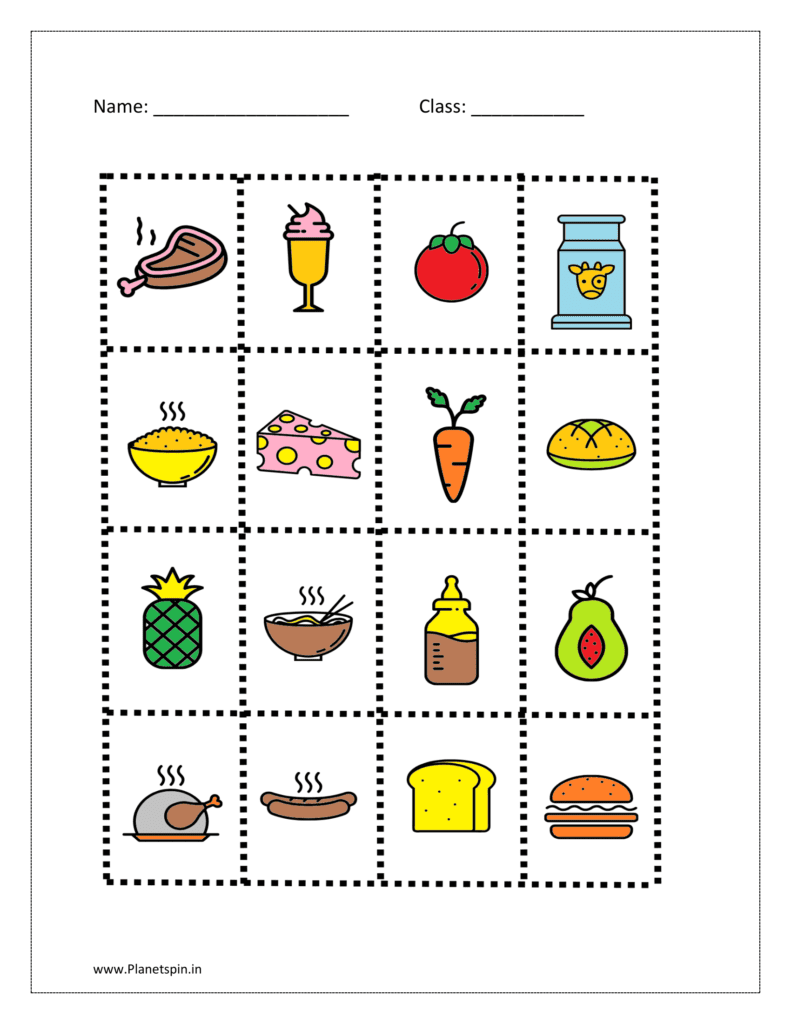 Cut and paste each picture in the right category in the given food worksheet for class 1