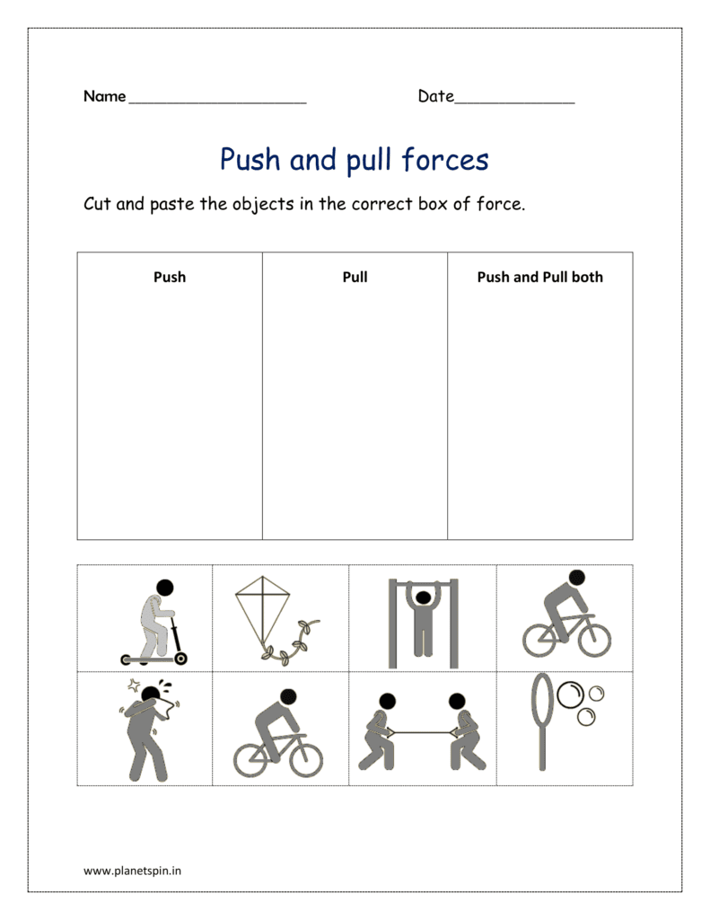 Cut and paste the objects in the correct box of force related to the force action reaction worksheets