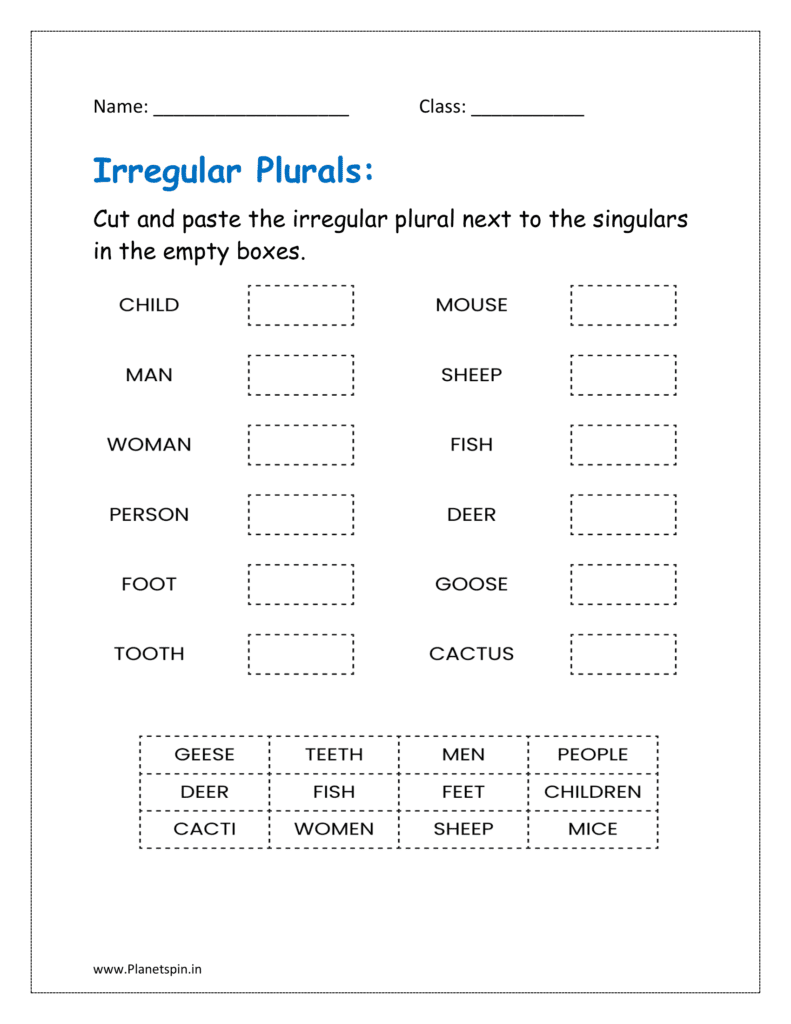 Irregular plurals: Cut and paste the irregular plural next to the singulars in the empty boxes worksheet